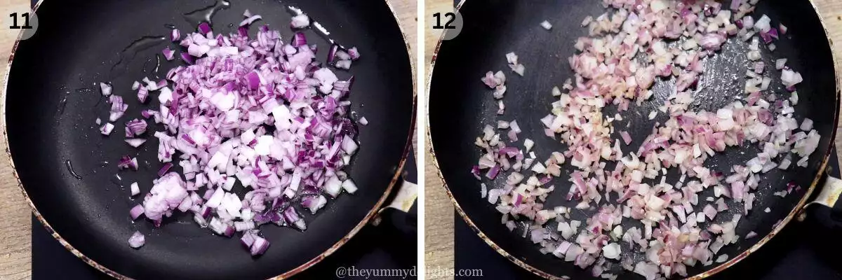 collage image of 2 steps showing sauteing onions for the stuffing.