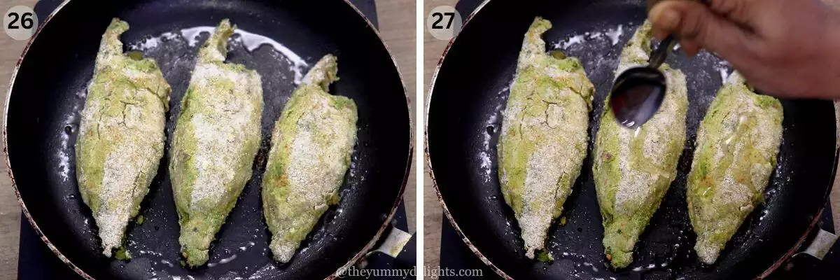 collage image of 2 steps showing stuffed fish frying in a pan.