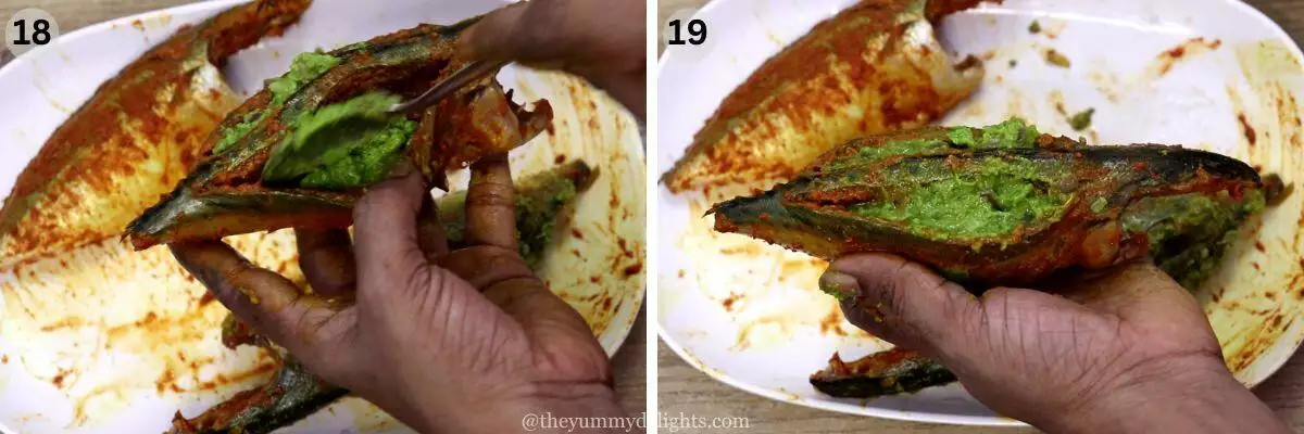 collage image of 2 steps showing stuffing mackerels with goan green masala paste.