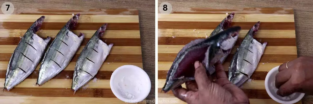 collage image of 2 steps showing marinating mackerel fish with salt.