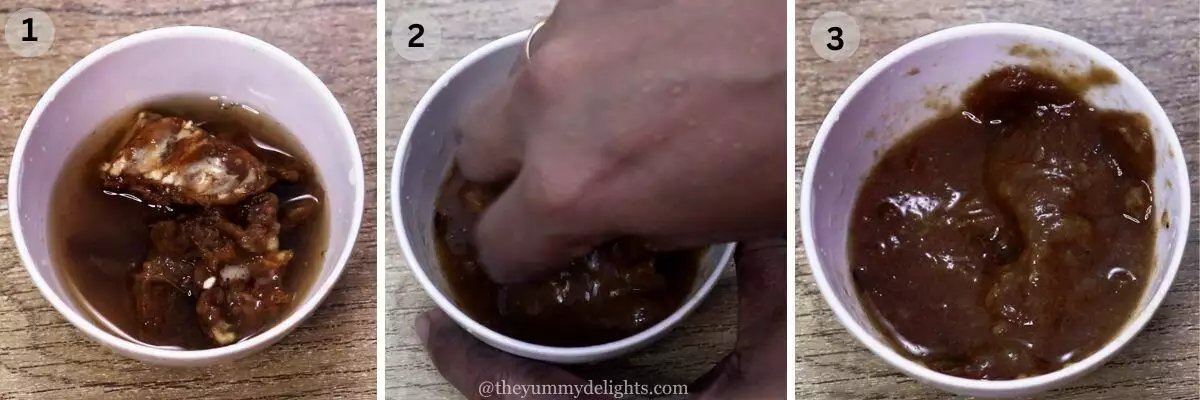 collage image of 3 steps showing soaking tamarind in hot water to be used in making stuffed fish recipe.