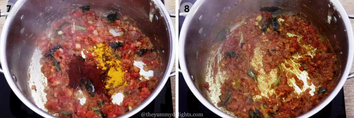 collage image of 2 steps showing addition of spices and cooking them to make madurai style parotta salna.