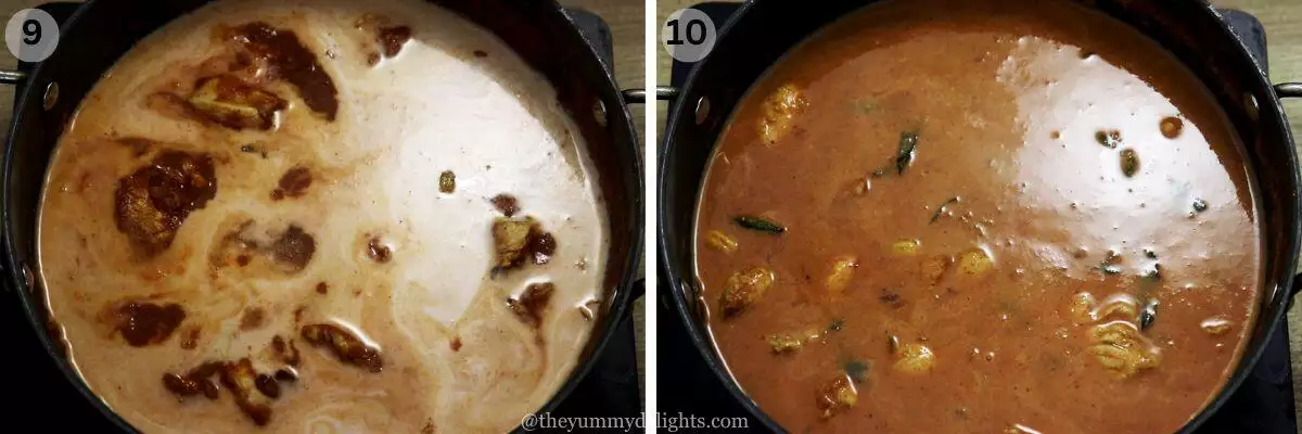 collage image of 2 steps showing addition of coconut milk to ceylon chicken curry recipe.