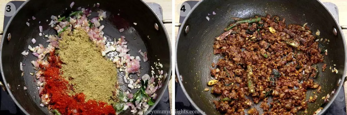 collage image of 2 steps showing addition of spice powders and sauteing them to make ceylon chicken curry.