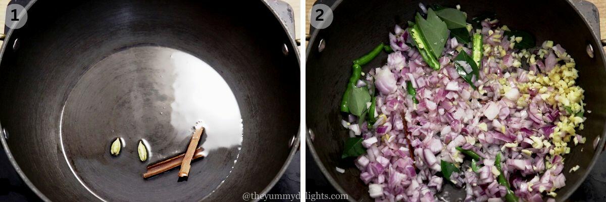 collage image of 2 steps showing how to make ceylon chicken. It shows sauteing cardamom, cinnamon and onion, ginger, garlic and green chilies.