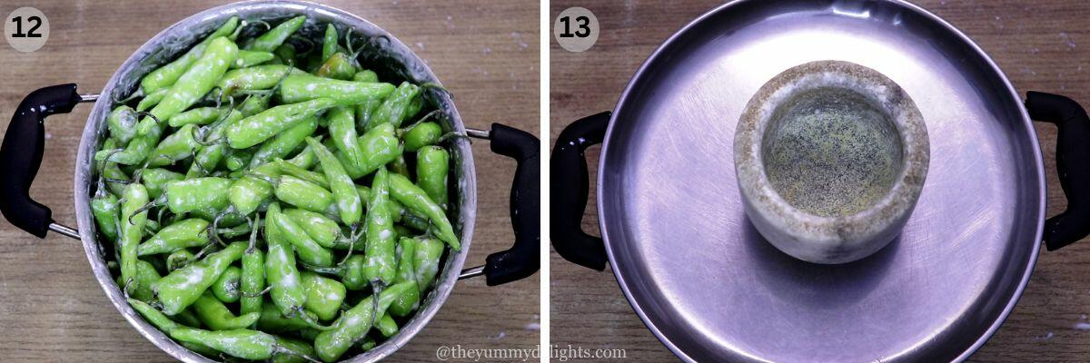 collage image of 2 steps showing soaking chilies in curd mixture to make curd chillies.