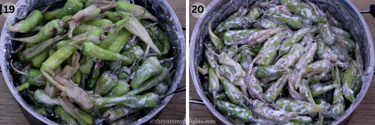 collage image of 2 steps showing putting back the sun-dried curd chilies in the curd or buttermilk mixture.