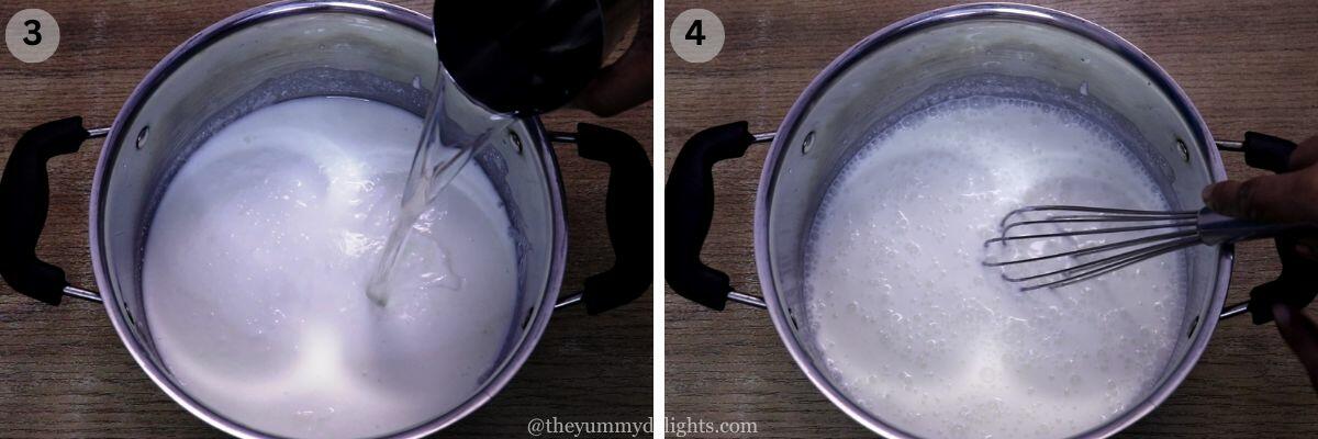 collage image of 2 steps showing addition water to sour curd to make buttermilk.