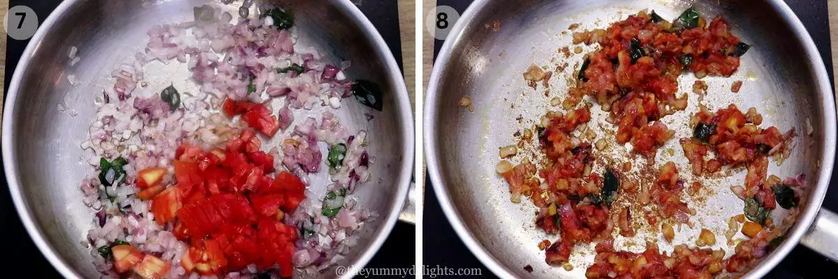 collage image of 2 steps showing making goan prawn curry. It shows sauteing tomatoes and cooking it until soft and pulpy.