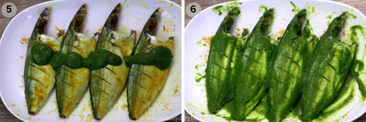 collage image of 2 steps showing marinating the fish with green masala to make green masala fish fry.