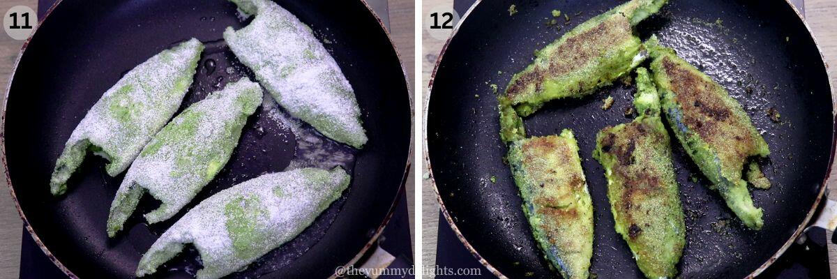 collage image of 2 steps showing fish being pan-fried in a hot pan, coated with green masala and a crispy layer of semolina, turning golden brown.