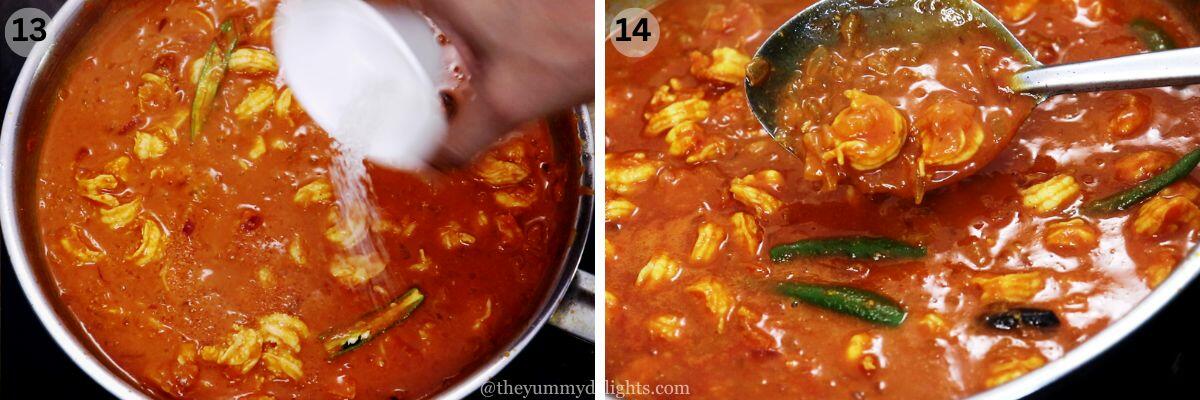 collage image of 2 steps showing cooking ambotik curry. It shows addition of sugar and final picture of goan prawn ambotik recipe.