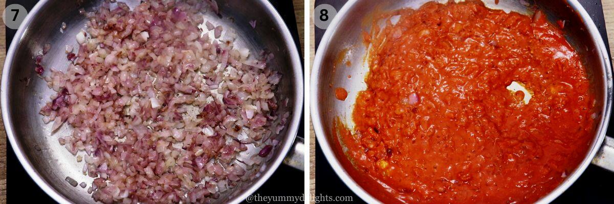 collage image of 2 steps showing how to make goan ambot tik curry. It shows sauteing onions and addition of ambot tik masala paste and cooking it.