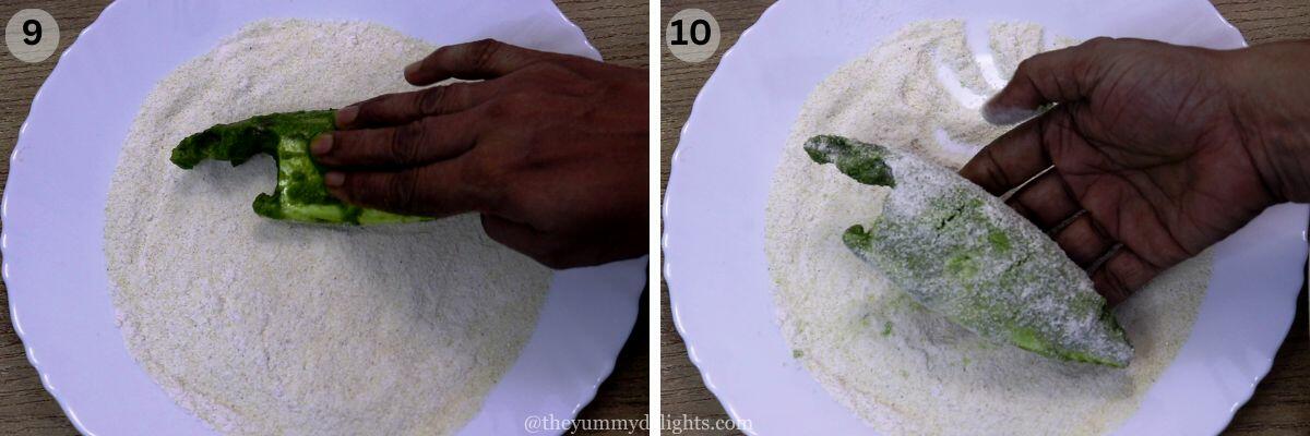 collage image of 2 steps showing coating the green masala fish with rava or semolina mixture.