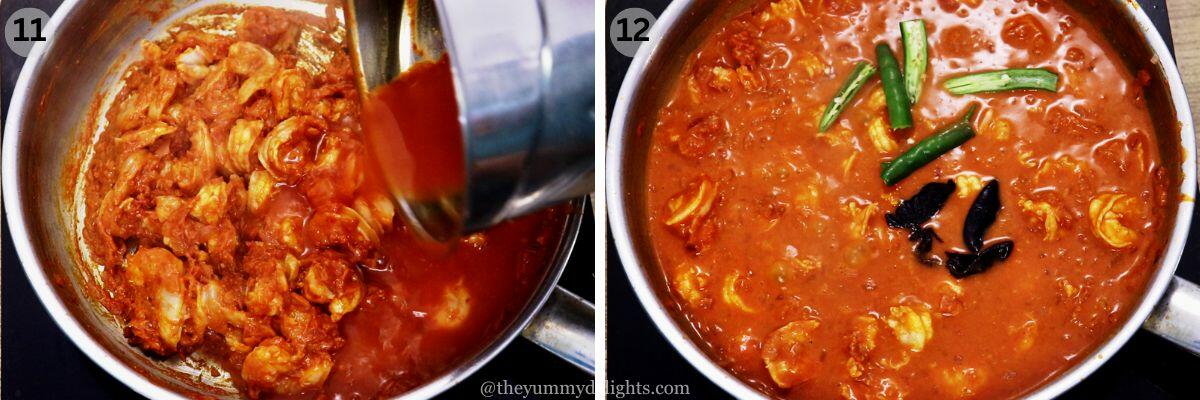 collage image of 2 steps showing making goan ambot tik curry. It shows addition of water, kokum and green chilies to make prawn ambotik.