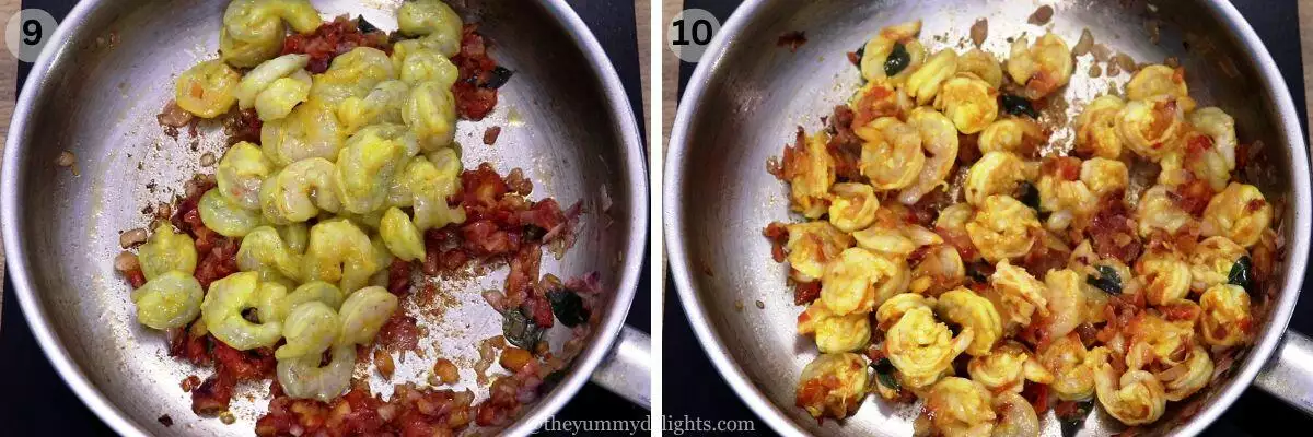 collage image of 2 steps showing sauteing prawns to make prawn curry recipe goan style.