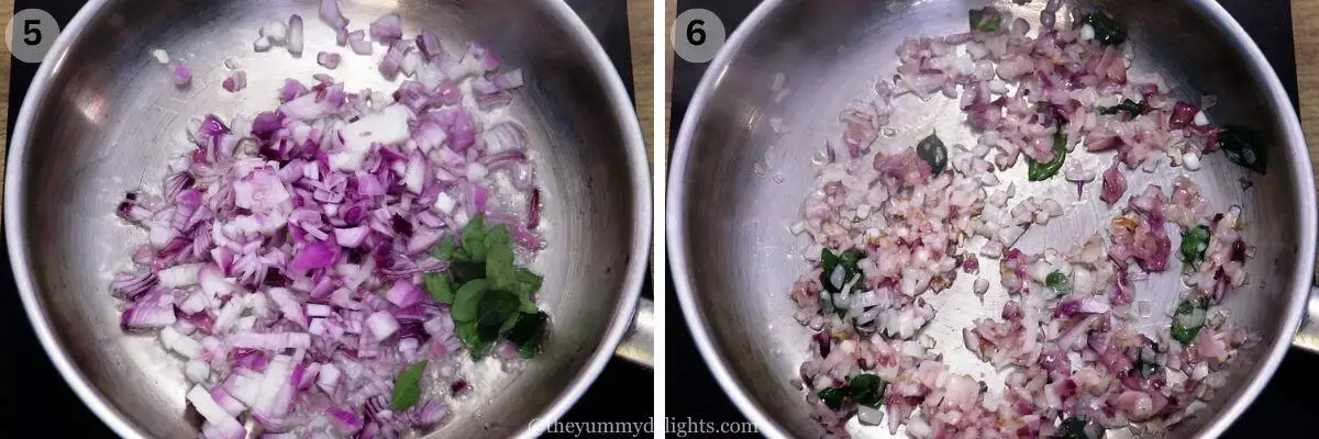 collage image of 2 steps showing making prawn curry goan style. It shows sauteing onions and curry leaves.