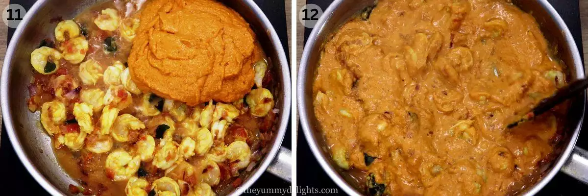 collage image of 2 steps showing addition of coconut masala paste to the pan for making goan prawns curry.