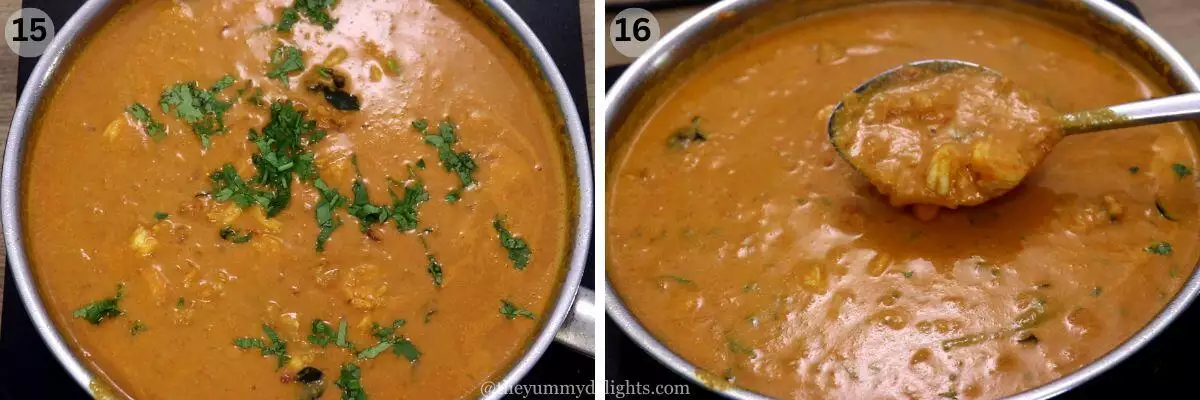 collage image of 2 steps showing garnishing goan prawn curry with coriander leaves.