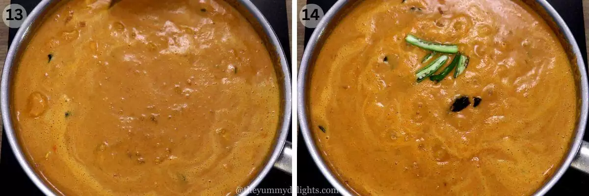 collage image of 2 steps showing addition of kokum, green chilies and salt to make goan shrimp curry recipe.