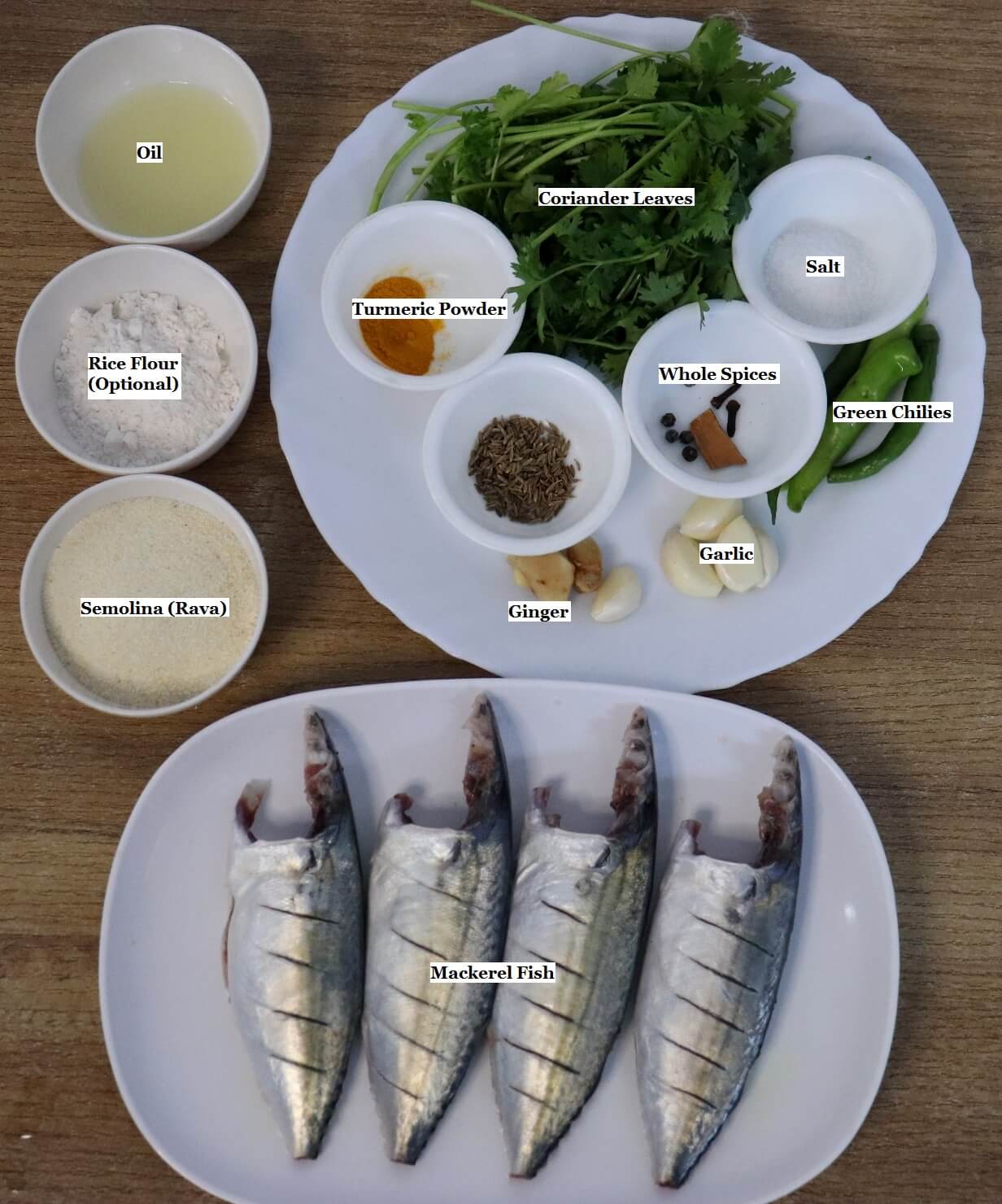 individually labeled ingredients to make green masala fish fry are laid out on a table.