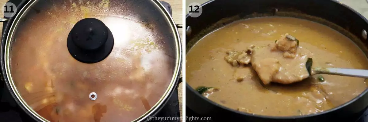 collage image of 2 steps showing cooking ceylon chicken curry. It shows holding a ladle full of ceylon curry over the pot.