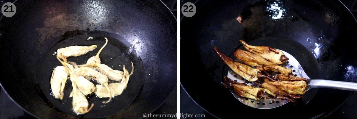 collage image of 2 steps showing frying sun-dried curd chillies.