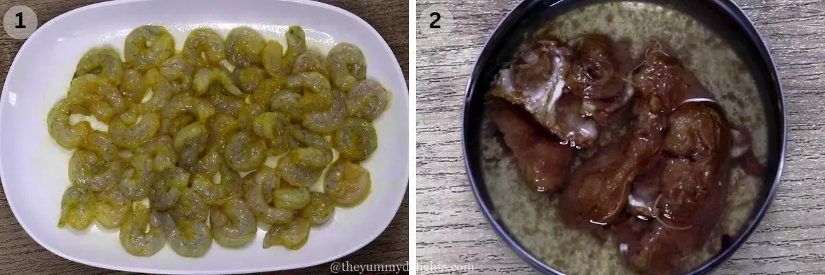 collage image of 2 steps showing marinating the prawns and soaking tamarind in hot water.