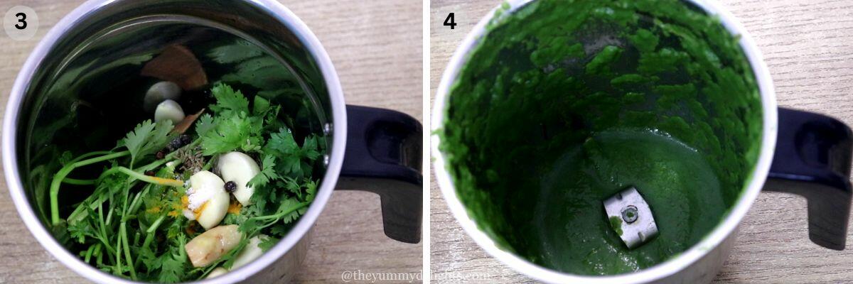 collage image of 2 steps showing how to make green masala paste for fish fry.