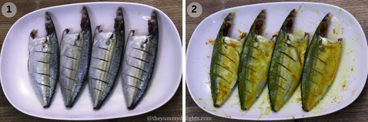 collage image of 2 steps showing marinating fish with salt and turmeric to make green masala fish.