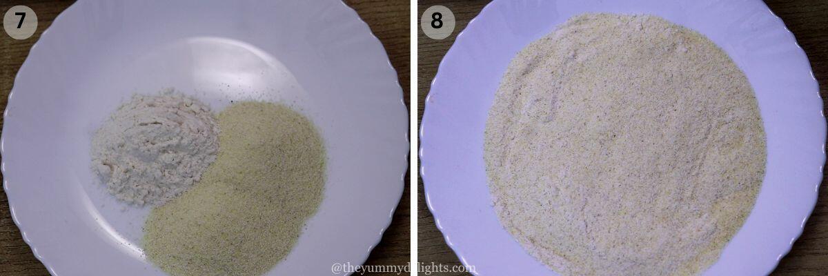 collage image of 2 steps showing making semolina mixture for green masala fish recipe.