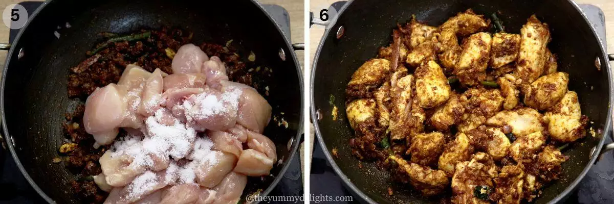 collage image of 2 steps showing addition of chicken and sauteing them to make ceylon chicken.