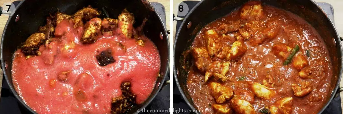 collage image of 2 steps showing addition of tomato paste and tamarind and cooking them to make ceylon chicken.