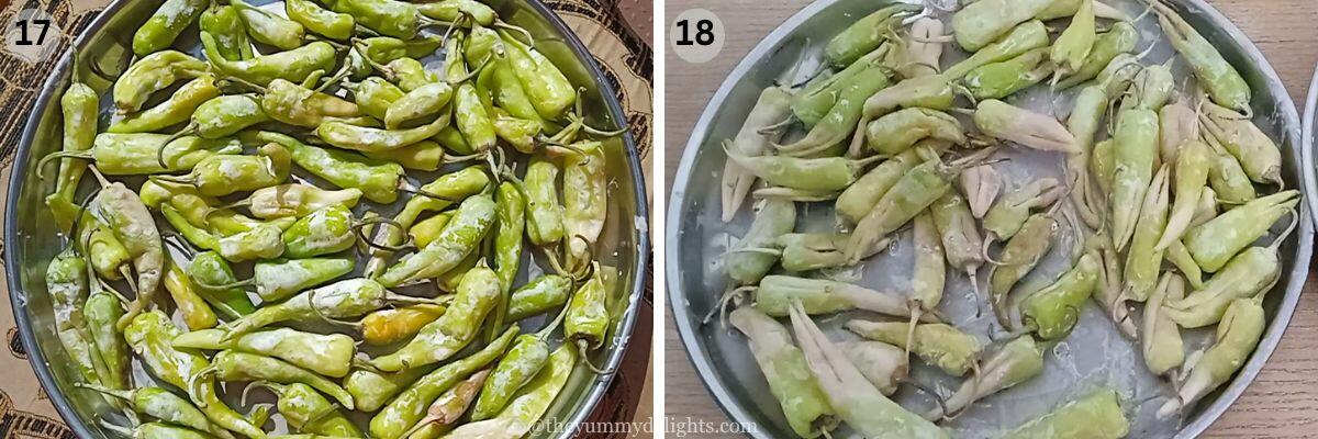 collage image of 2 steps showing sun-drying the curd chillies and the other image shows sun-dried curd chillies.