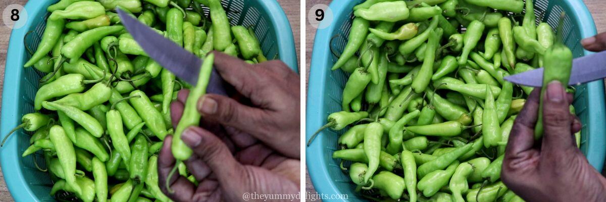 collage image of 2 steps showing how to prepare green chilies for making dahi mirchi recipe. It shows how to slit the green chilies.