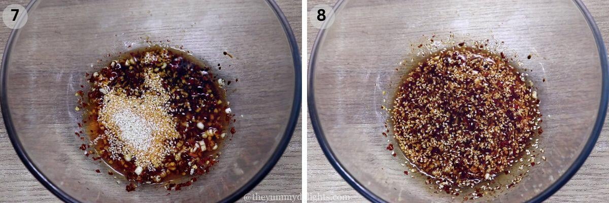 collage image of 2 steps showing how to make chili oil noodles. It shows making chili garlic oil mixture.