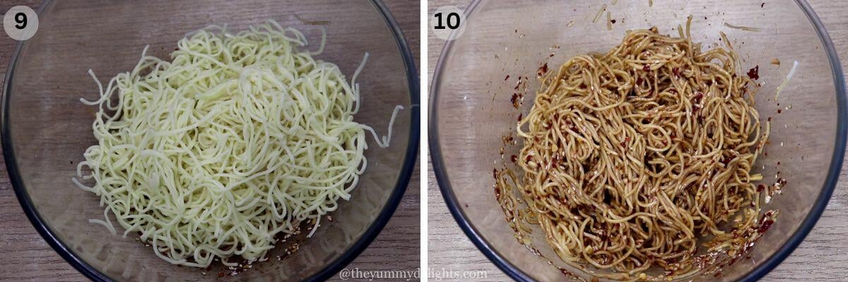 collage image of 2 steps showing tossing the noodles with garlic chili oil.