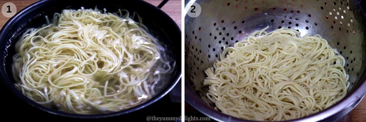 collage image of 2 steps showing cooking noodles to make garlic chili oil noodles.