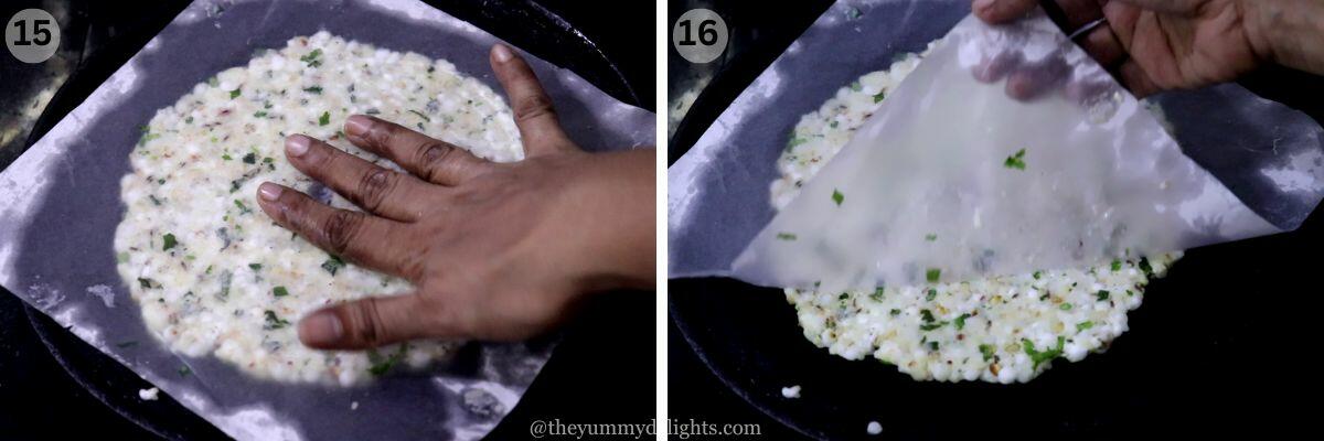 collage image of 2 steps showing placing the thalipeeth on a pan/tawa and removing the parchment paper.