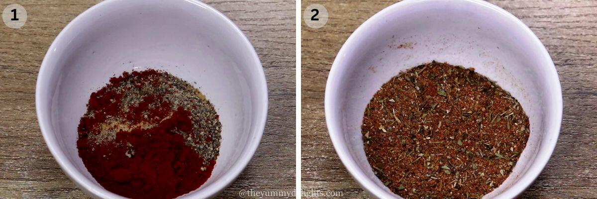 collage image of 2 steps showing making Mediterranean seasoning for making stuffed chicken.