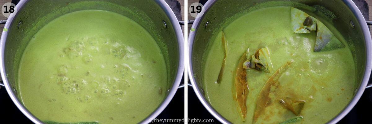 collage image of 2 steps showing addition of Pomfret fish to creamy coconut milk based sauce.