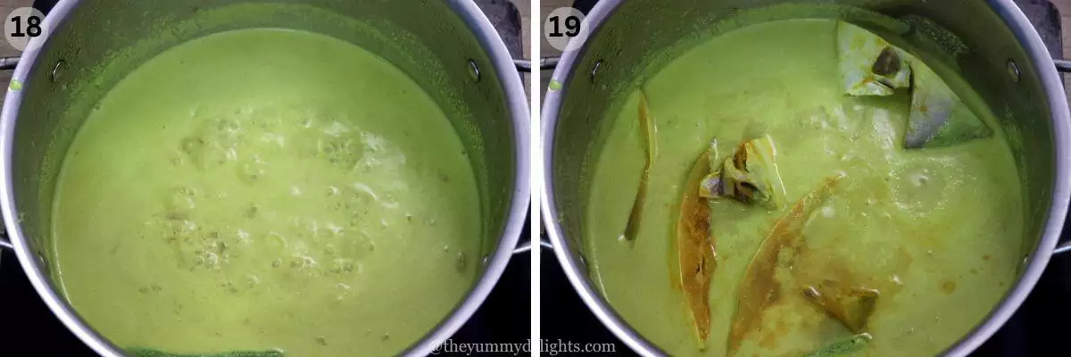 collage image of 2 steps showing addition of Pomfret fish to creamy coconut milk based sauce.