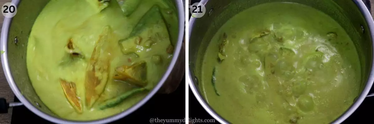 collage image of 2 steps showing mixing the caldine curry by rotating the pot.