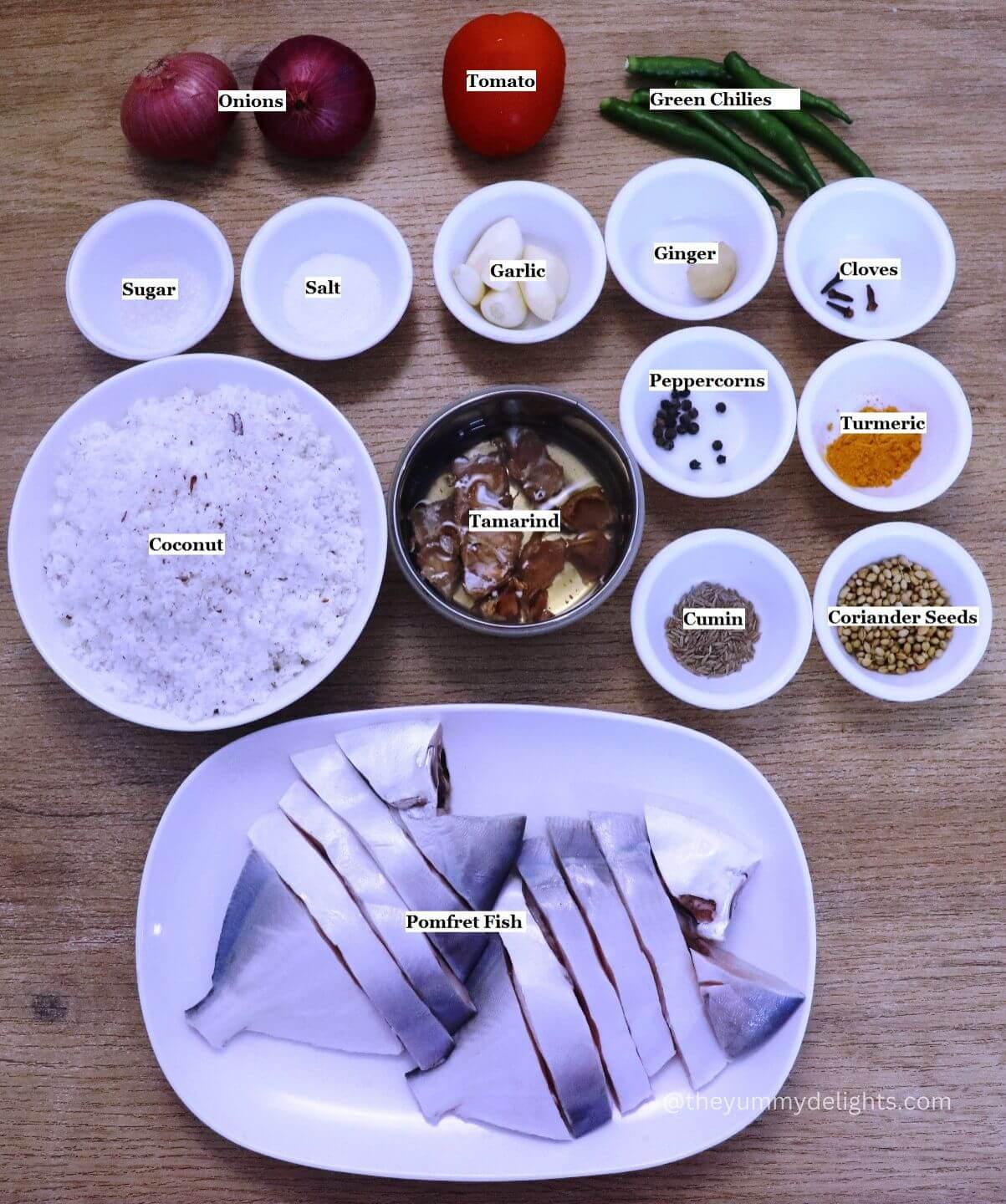 individually labeled ingredients to make goan caldine curry are laid out on a table.