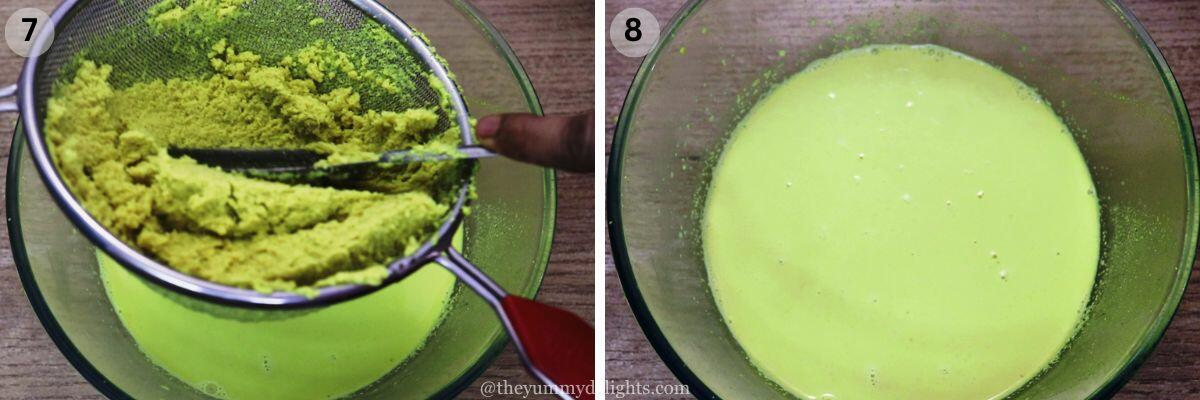 collage image of 2 steps showing extracting the coconut milk from the ground coconut paste.