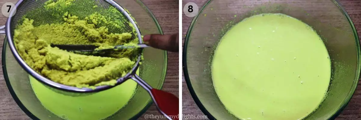 collage image of 2 steps showing extracting the coconut milk from the ground coconut paste.