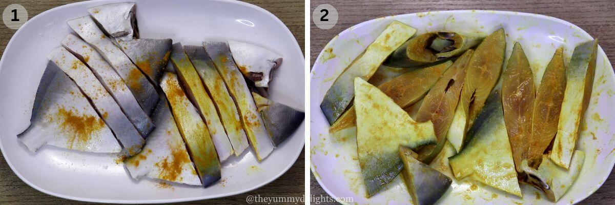 collage image of 2 steps showing marinating the fish with turmeric and salt.