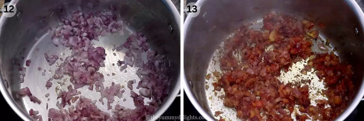 collage image of 2 steps showing sauteing tomato and onions to make goan caldine curry.