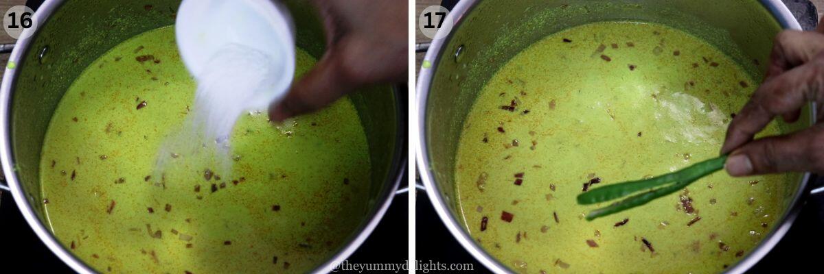 collage image of 2 steps showing addition of salt and green chilies to caldine curry.