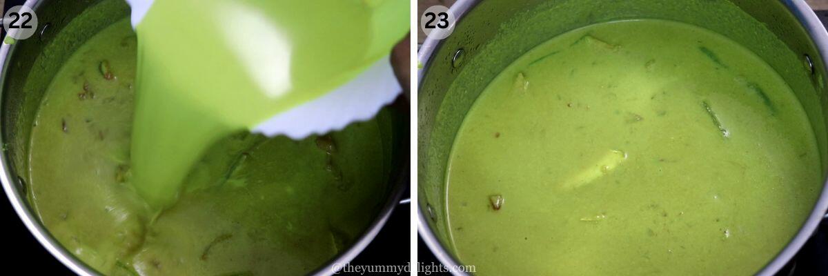 collage image of 2 steps showing addition of thick coconut milk extract and cooking fish caldine.